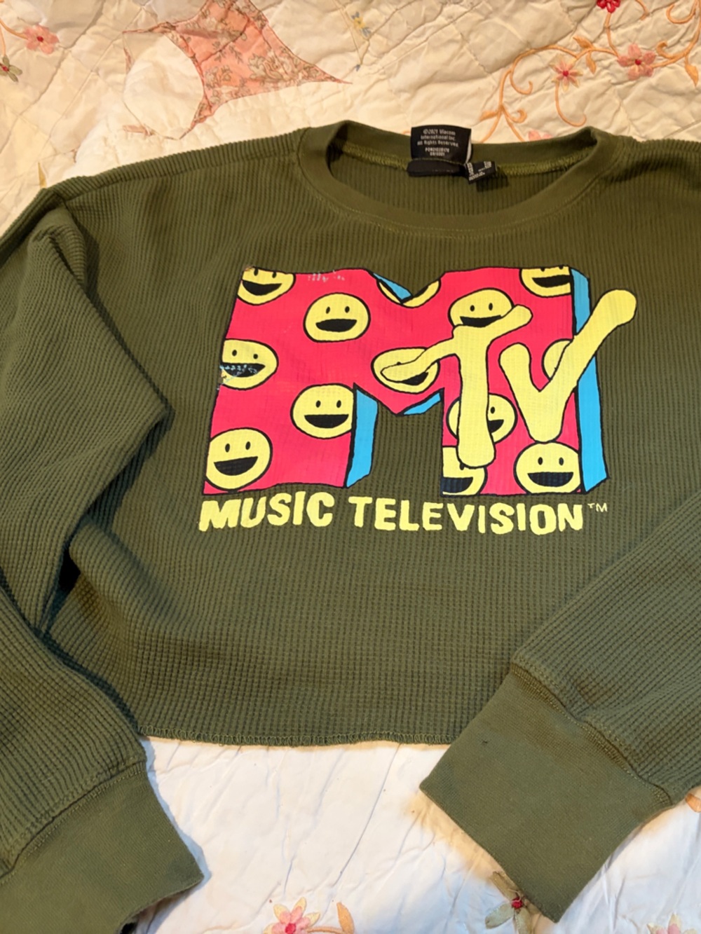 MTV Olive Green waffle knit with Yellow, Pink & Blue MTV Logo bottom cropped